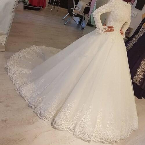 2021 White Arabic Muslim Wedding Dresses Princess High Neck Long Sleeves Lace Appliques Bridal Dresses Robe De Mariage