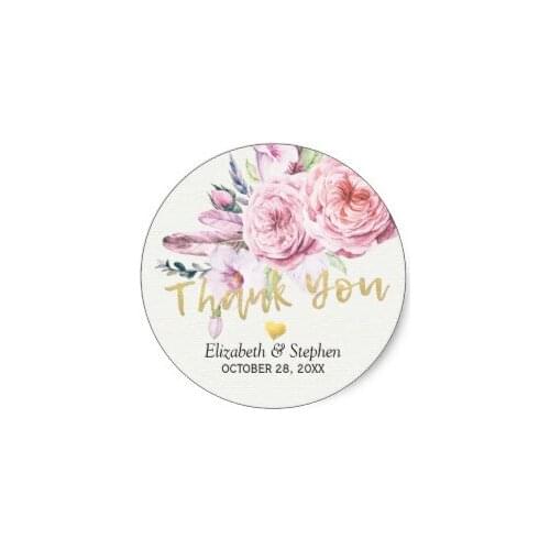 3.8cm Wedding Thank You Watercolor Boho Floral Feather Classic Round Sticker