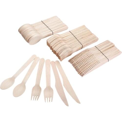 50pcs/150pcs Disposable Wooden Cutlery Forks/Spoons/Cutters Knives Party Supplies Kitchen Utensil Dessert Tableware Packing 16cm