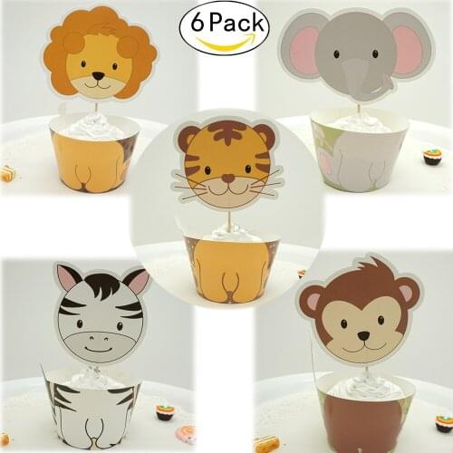 6pcs Cute Animal Cake Topper Kids Party Monkey Elephant Lion Tiger Zebras Giraffes Picker Baby Shower Birthday Party Decoration