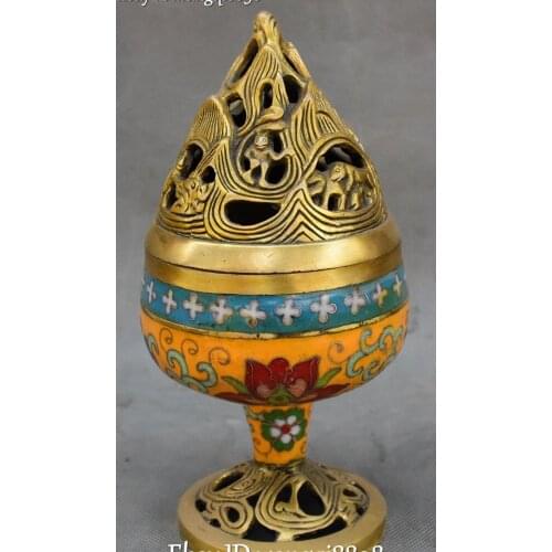 8" Cloisonne Bronze 24K Gold Gilt Flame Blaze Animal Lotus Incense Burner Censer
