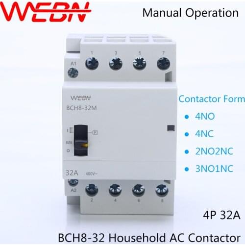 BCH8-32 Series 4P 32A Manual Operation AC Household Contactor 230V/250V 50/60Hz Contact 4NO/2NO2NC/3NO1NC/4NC Din Rail Contactor