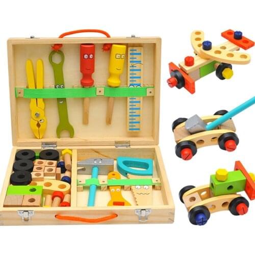 Wooden Tool Toys Kit Set Gift Multifunctional Toy Children Repair Simulation Foldable Portable Pretend Play Tool Box For Kids