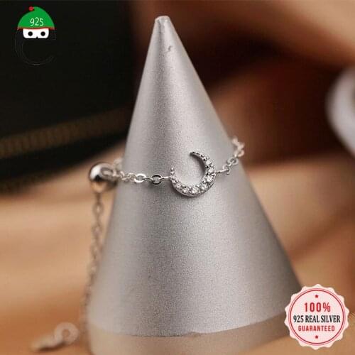 ElfoPlataSi Authentic 925 Sterling Silver Sweet Moon CZ Beads Chain Opening Finger Ring For Women Wedding Party Jewelry DA2053