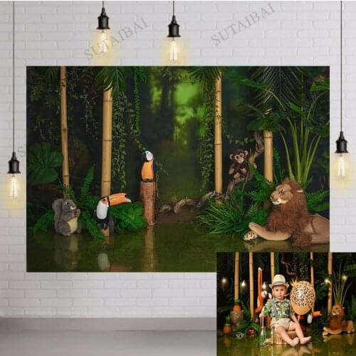 Background Photography Jungle Safari Party Animals Cartoon Lion Forest King Photo Backdrop Birthday Party Photocall Studio