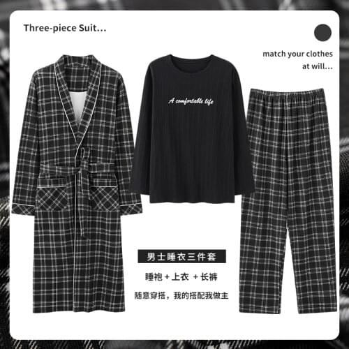 Spring Autumn 3 Piece Robe Sets Knitted Cotton Bathrobe Mens Kimono Bath Robes Plaid Dressing Gowns Sleepwear Loungewear Fashion