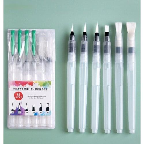 6 Pcs Student Portable Watercolor Tap Water Paint Brush Pen Soft Fiber Head Toning Refillable Ink Pen Art Marker Paint Brushes