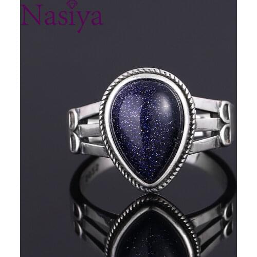 New Design Punk Blue Sandstone Ring For Women 925 Silver Fine Jewelry Party Anniversary Wedding Engagement Birthday Gift