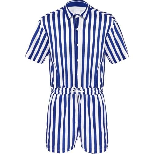 Man Summer Shirt Jumpsuit Short Sleeves Stripes Print Sport Workout Shorts Jumpsuit Bodysuit for Male Fitness Gym Casual Wear