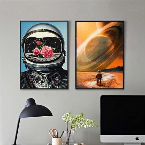 Space Rose Astronaut Wall Art Canvas Painting Walk On The Moon Universe Eploration Poster Cuadros for Living Room Home Decor