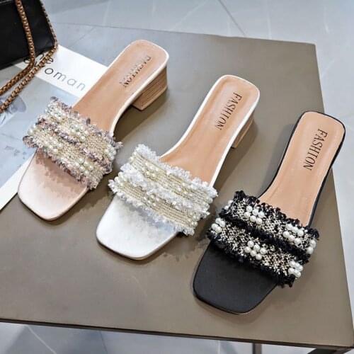 Hot 2020 Fashion Woman Sandals Summer Shoes Gladiator Beach Beading Square Wooden Block Heels Mule sandals Slippers size 35-39