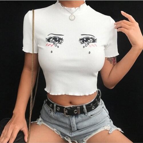 Harajuku Fashion Womens White Short T-Shirt Mesh Sheer Crop Tops Cartoon Print Short Sleeve T Shirt Koszulki Damskie 2021 Summer