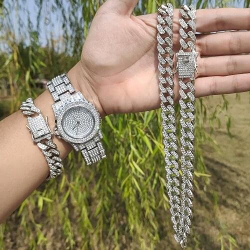 3pcs Kit Hip Hop Iced Out Paved Rhinestones 12MM Full Miami Cuban Chain CZ Rapper Necklace+Watch+Bracelet For Men Women Jewelry