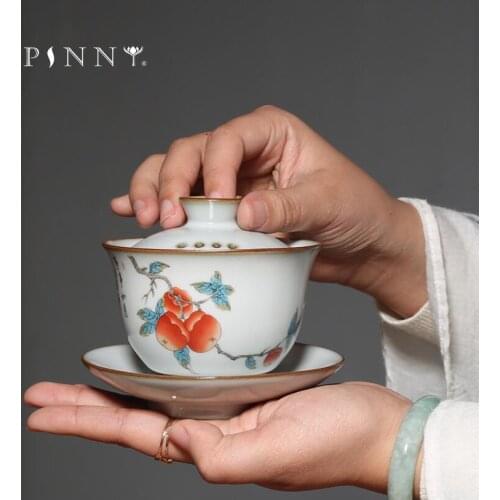 PINNY 150ML Pipa Kung Fu Ceramic Gaiwan With Filter Hole Pigmented Retro Tea Bowl Vintage Tea Tureen