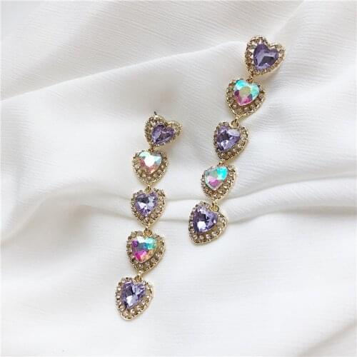 Fully Cubic Zircon Hearts Long Earrings with Clips Pink Purple Love Big Earrings