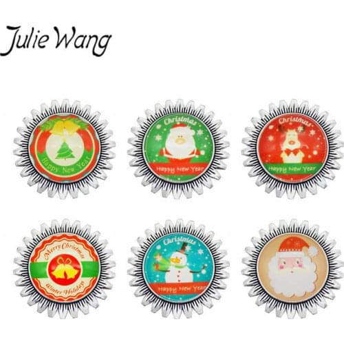 Julie Wang Christmas Brooch Pins Alloy Sun Flower Setting Round Glass 25mm Cabochons Santa Claus Tree Bell Jewelry Xmas Gift