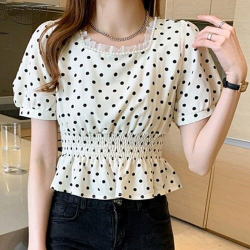 2021 Polka Dot Shirt Summer Casual Sweet Chiffon Blouse Short Sleeve Elastic Waist Tops Fashion Womens Clothing Blusas 15062