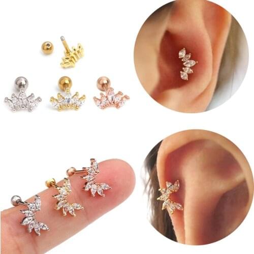 1Pc 5 Styles Steel & Copper Cz Crown Tragus Stud Conch Piercing Stud Helix Cartilage Earring Crystal Piercing Ear Jewelry