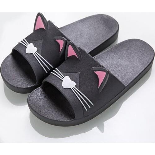 Summer Women Slippers Cute Cartoon Cat Indoor Bathroom Couples Flip Flops Soft Flat Flat with Low (1cm-3cm) Platform PVC