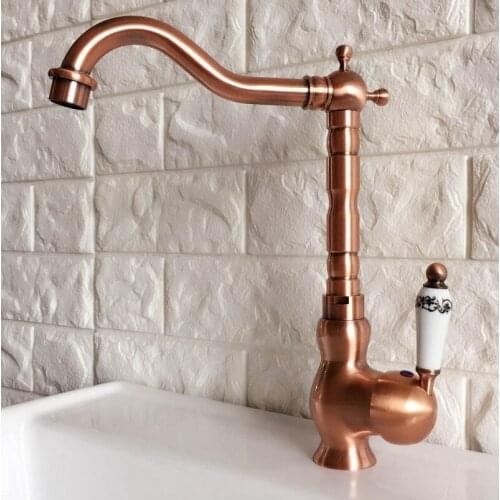 Antique Red Copper Kitchen Sink Faucet Washbasin Faucets Ceramic Lever Cold & Hot Water Mixer Bathroom Taps Deck Mounted Lnf406