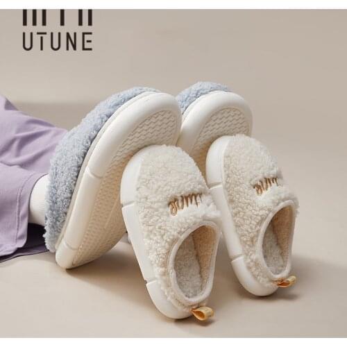 UTUNE Children Winter Slipper Warm Plush Indoor Shoes Women Light Furry Flats Home Men Plain EVA Non-slip Family Shoes 2021 Soft