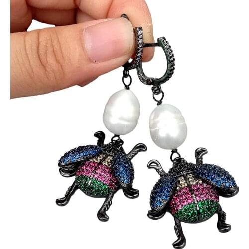 YYGEM Cultured White RicePearl Cz Pave Beetle gunmetal color cz pave lever back Dangle Earrings