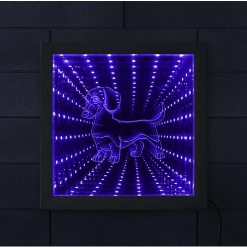 Dachshund LED Infinity Mirror Wall Art Picture Wood Frame Sausage Dog LED Neon Light Tunnel Lamp Wiener-Dog illuminated Mirror