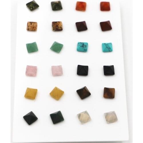 New Simple Trendy Geometric 8*8mm Natural Stone Stud Earrings Pyramid Mix Color for Women Fashion Cute Small Wholesale 12Pair