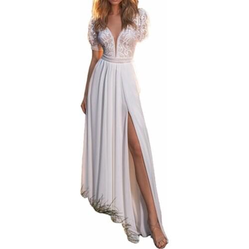 Women Sexy Deep V Neck Short Sleeve Hollow Lace Embroidery Slit Slim and Fit Party Maxi Dress Long Dress New