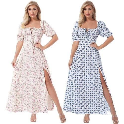 Plus Size Dress Women Summer Fashion Boho Square Neck Floral Print Beach Party Split Puff Sleeve Lace-Up Front Long Dresses New
