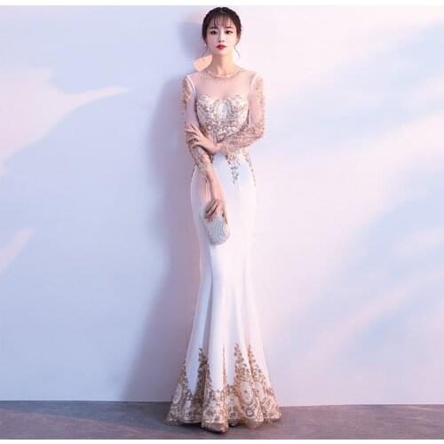 Beauty Emily White Evening Dresses 2020 O Neck Sequined Mermaid Full Sleeve Formal Evening Party Prom Dress Floor-Length