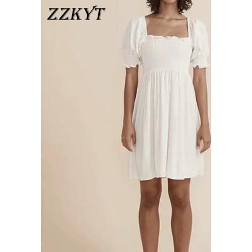 2021 Women Spring Vintage White Elasticity Mini Dress Fashion Puff Sleeve Square Collar Female Party Dresses Vestido De Mujer