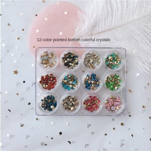 12 Boxes in 1 AB Color Opal Nail Rhinestone Set Sharp Bottom Multi-size Crystal Manicure for 3D Nail Art Decoration Rhinestone