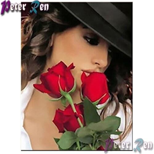 DIY Diamond Painting Cross Stitch Woman in black hat with rose full Square\Round Embroidery Rhinestone picture home decoration