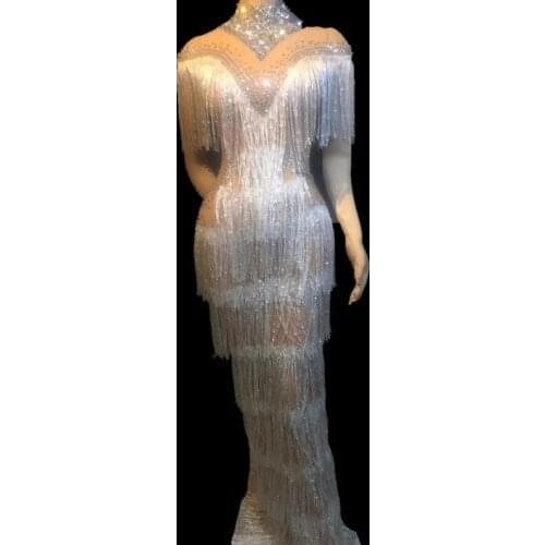 Shining Rhinestone White Fringes Perspective Long Dress Sexy Women Birthday Celebration Prom Party Dress Singer Stage Wear