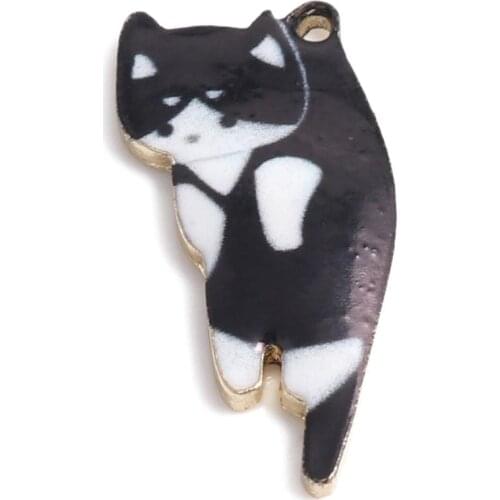 Doreen Box Kawaii Zinc Based Alloy Charms Cat Animal Gold Metal Black & White Enamel Pendant Making Jewelry 25mm x 11mm, 10 PCs