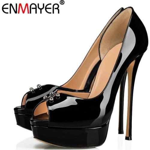 ENMAYER Party Slip-On Rubber Basic Peep Toe PU 2020 Wedding Shoes Thin Heels Women Shoes Spring/Autumn High Heel Shoes 34-43
