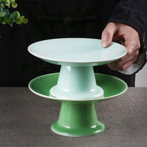 European Round Tall Ceramic Fruit Plate Light Green Household Tableware Set Dessert Cake Plate Pastry Table Kitchen Utensils New
