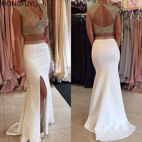 HONGFUYU Charming Prom Party Dresses Custom Made Satin Two Piece Evening Dresses With Slit Crystals vestido de festa Gowns longo