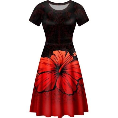 HYCOOL Red Hawaii Flower Womens Maxi Dress Floral Summer Boho O-Neck Polynesian Tribal Waist Floral Long Dress 2021 Summer