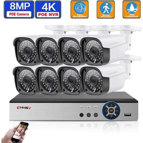 4K Ultra HD POE IP Camera Set 8CH Security Bullet Camera System 8*8MP H.265 NVR Audio Record Outdoor Video Surveillance KIT