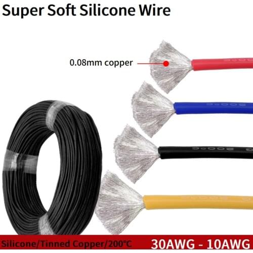 5M/10M Wire Cable Super Soft Silicone Insulated 30 28 26 24 22 20 18 16 14 12 11 10 9 8 7 6 AWG Electronic Lighting Copper Wired