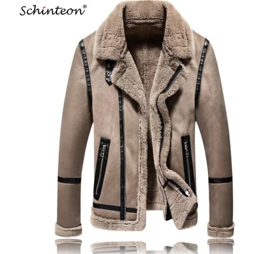 Schinteon Men Suede Leather Jacket Winter Warm Outwear Faux Fur Turn-down Collar Coat Buckles Patchwork Drop Shipping New