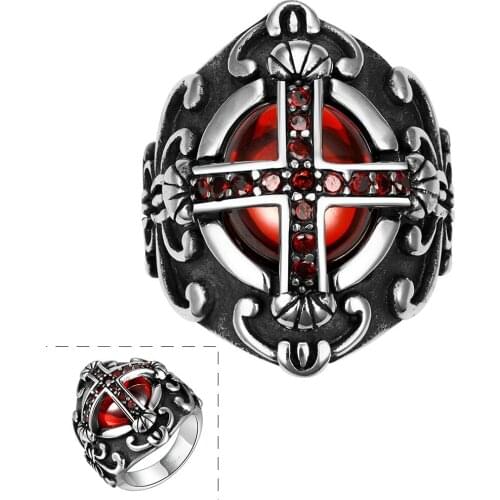 MIQIAO Stainless Steel Titanium Maya Red Stone Retro Vintage Boho Hip Hop Rings for Men Women Couple Friend Gift Fashion Jewelry