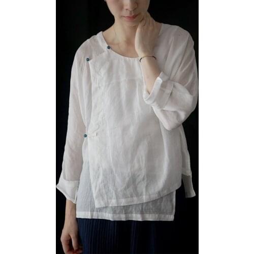 National Customs Literature Surplice Ramie Irregular Pearl Buttons Shirt Light Chinese Style Zen Jacket S19247