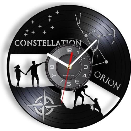 Constellation Orion Wall Clock Made Of Real Vinyl Record Zodiac Inspired Luminous Timepiece Romantic Starlit Night Artwork Decor