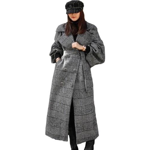 2019 New Autumn Winter Plaid Wool Coat Women X-long Lantern sleeve Large size Woolen jacket Female Thicken Loose Outerwear A2903