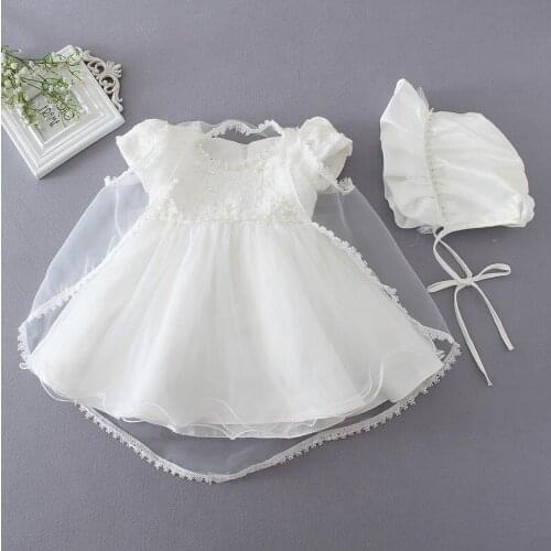 New Baby Girl Baptism Christening Easter Gown Dress Lace Satin Embroidery Shwal Formal Toddler Baby Girl Party Dresses 3PCS/Set