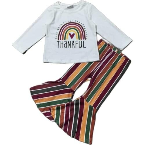 Girlymax Thanksgiving Fall Top Long Sleeve Rainbow Thankful Baby Girls Ruffles Stripe Bell-bottoms Pants Set Kids Clothing