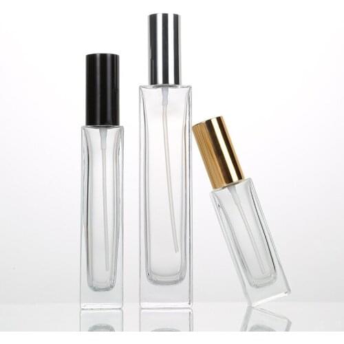 10ml 30ml 50ml 100ml Clear Square Refill Perfume Spray Glass Bottle Reusable Portable With Gold Silver Black Lid